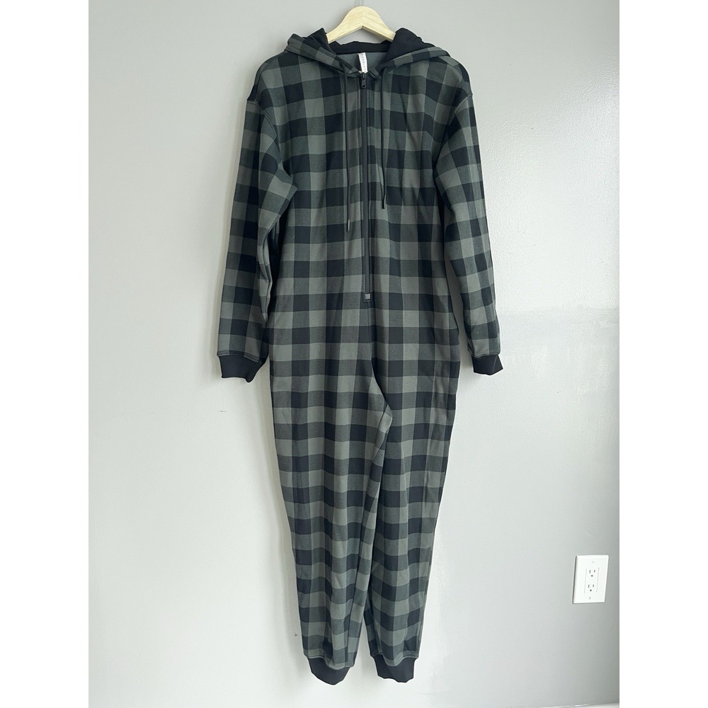 Fabletics Women's Cozy Fleece Hooded Jumpsuit Buffalo Plaid Green Black Small